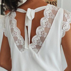 Dainty Lace Tie Back V Neck Blouse White